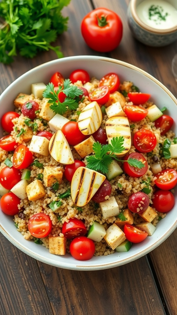 A colorful bowl of Mediterranean quinoa and halloumi salad with grilled cheese and vegetables.